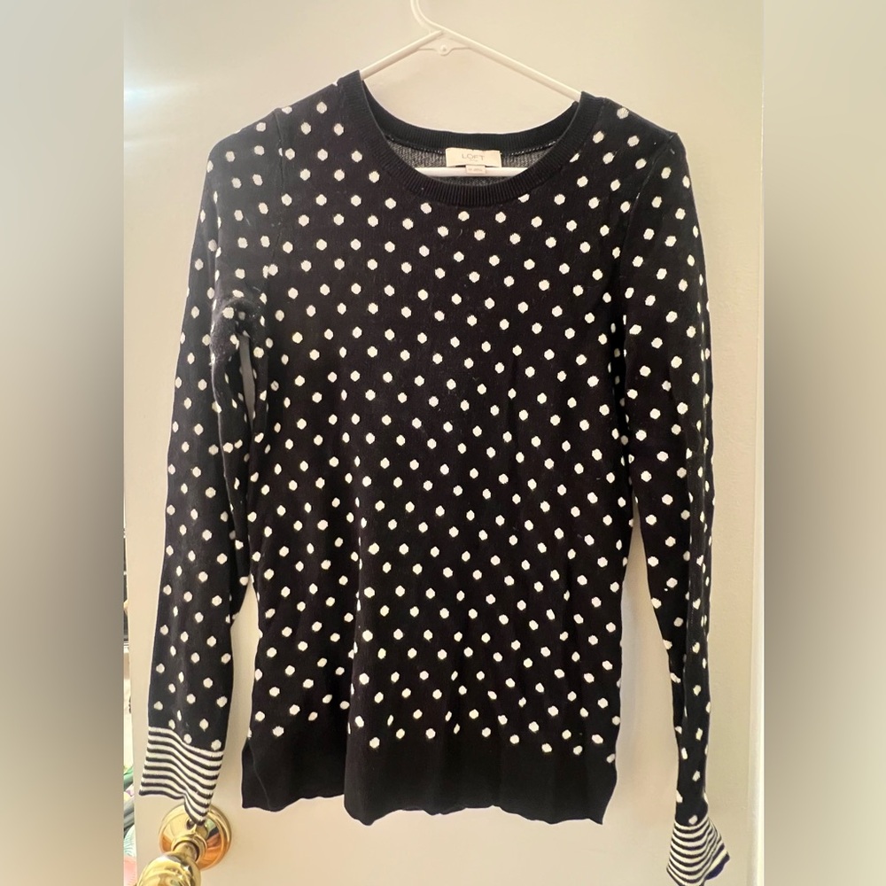 Loft polka dot crew neck sweater with stripe sleeves